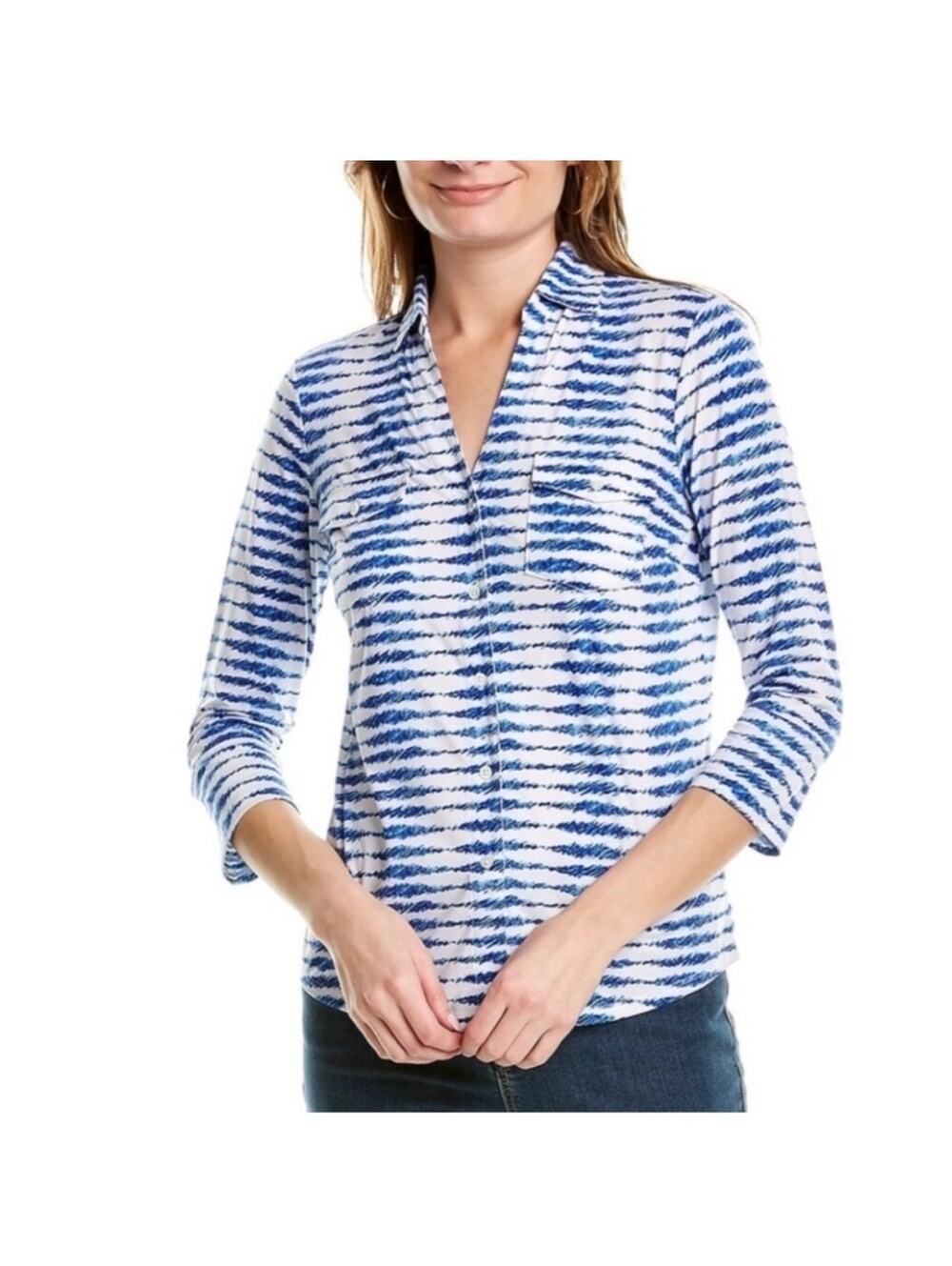 J.McLaughlin Brynn Lyford Blue White Patterned 3/4 Sleeve Catalina Top Size XS